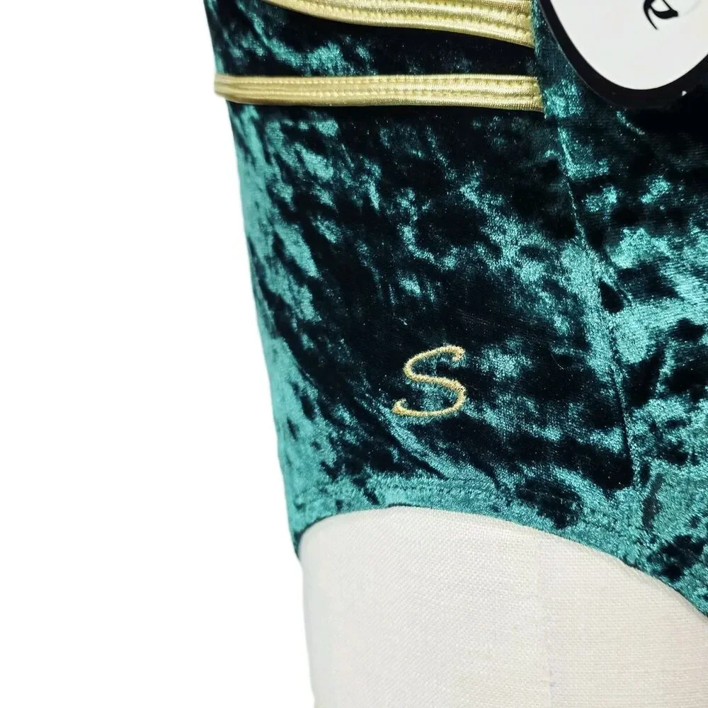 Satara Crushed Velvet Cutout Leotard Green Gold Bling Kids CS Elfcore Fairycore